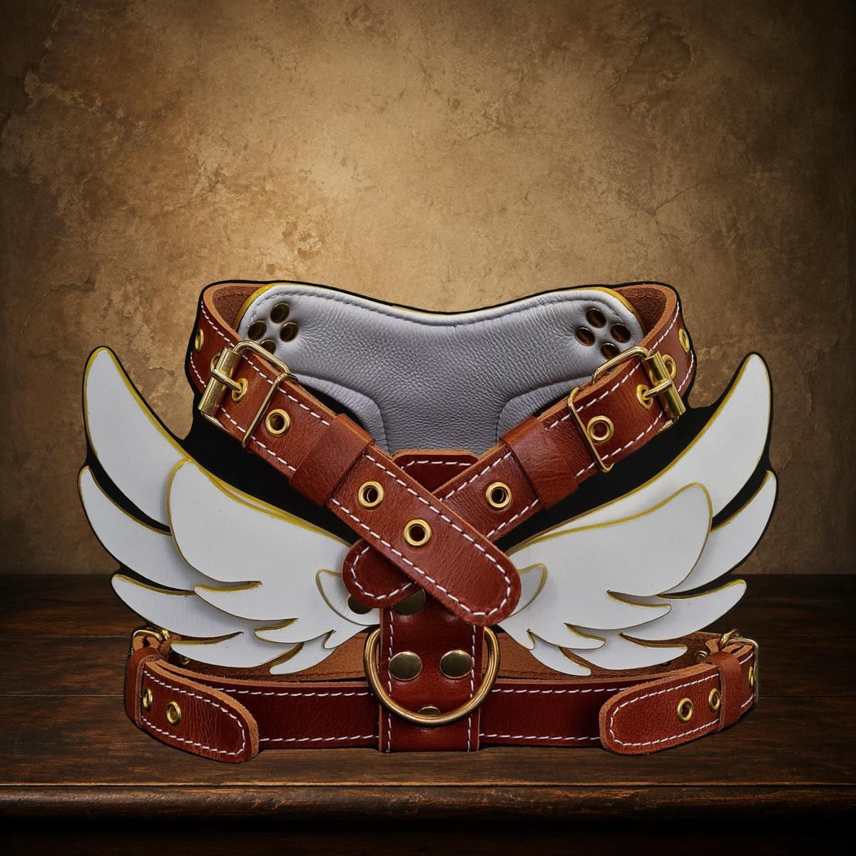 The Winged Courier Leather Dog Harness resting on the approved antique plaster and walnut table