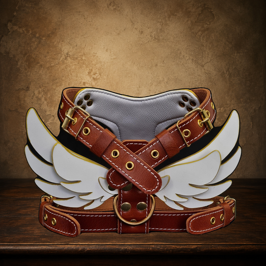 The Winged Courier Leather Dog Harness resting on the approved antique plaster and walnut table