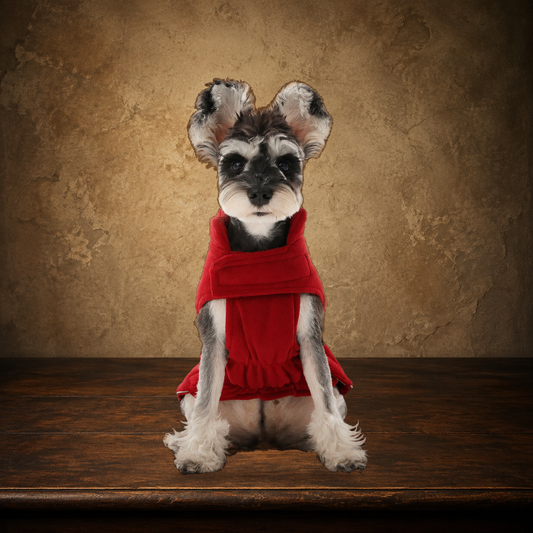 The Scarlet Rambler Reversible Dog Vest displayed on the approved antique plaster and walnut table