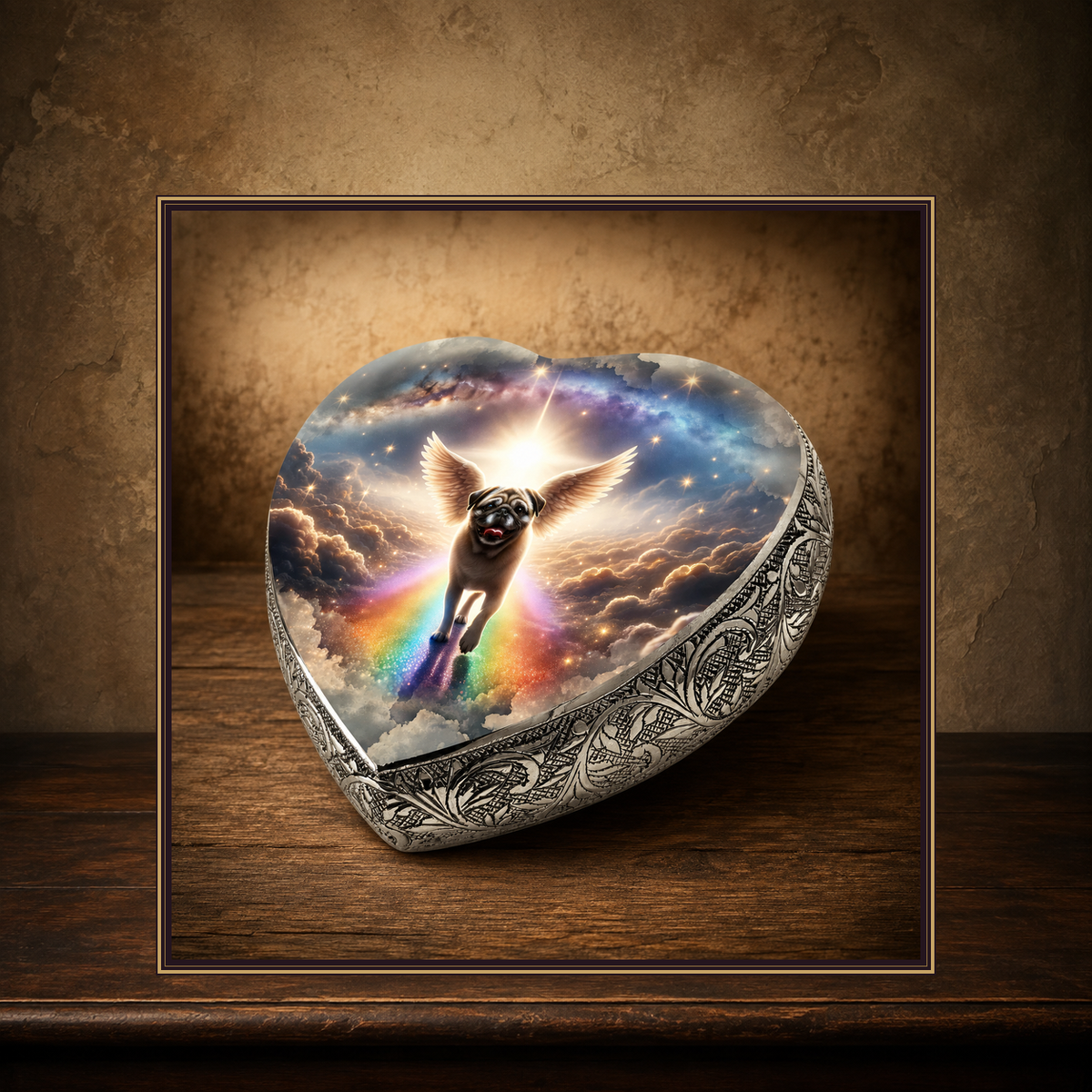 The Rainbow Passage — Pug Memorial Urn displayed on the approved antique plaster and walnut table