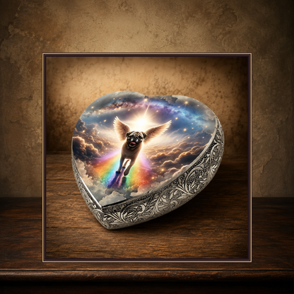 The Rainbow Passage — Pug Memorial Urn displayed on the approved antique plaster and walnut table