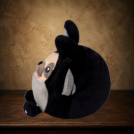 The Undercover Bat-Pug Plush — Guest Curiosity on the approved antique plaster and walnut backdrop