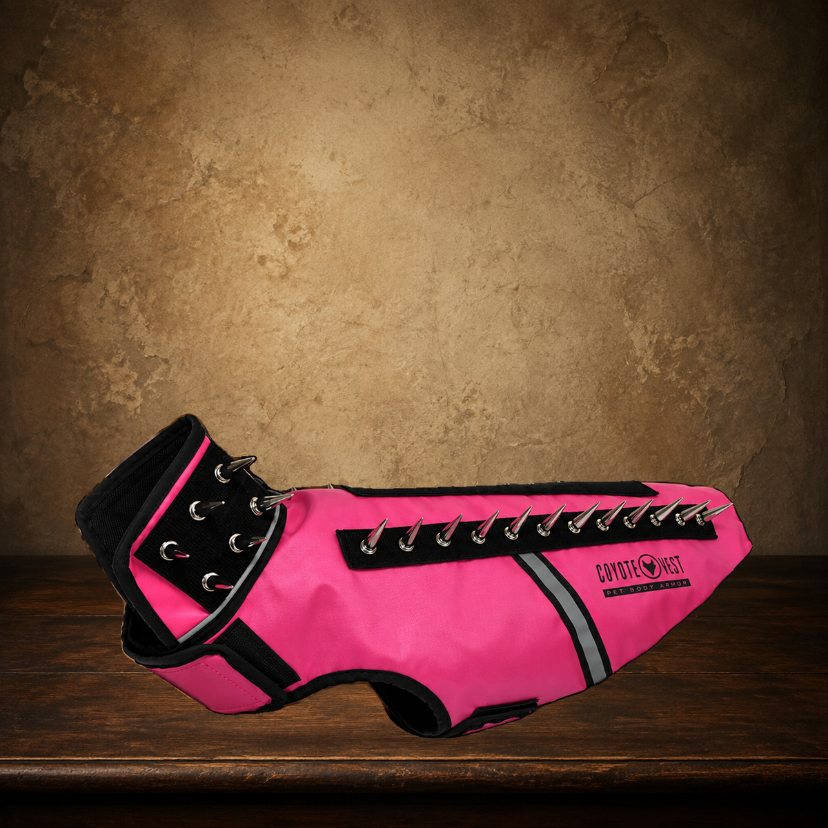 The Armored Familiar — Protective SpikeVest displayed on the approved antique plaster and walnut table