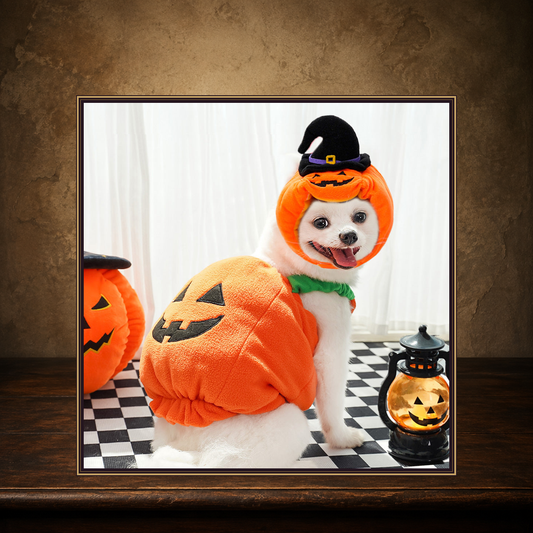The Harvest Familiar Pumpkin Vest displayed on the approved antique plaster and walnut table