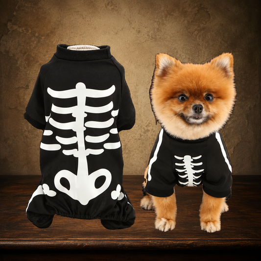 The Glowbone Skeleton Pet Suit displayed on the approved antique plaster and walnut table