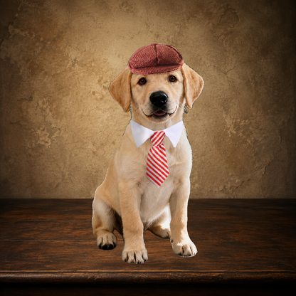 The Little Lord Flat Cap & Tie Set displayed on the approved antique plaster and walnut table
