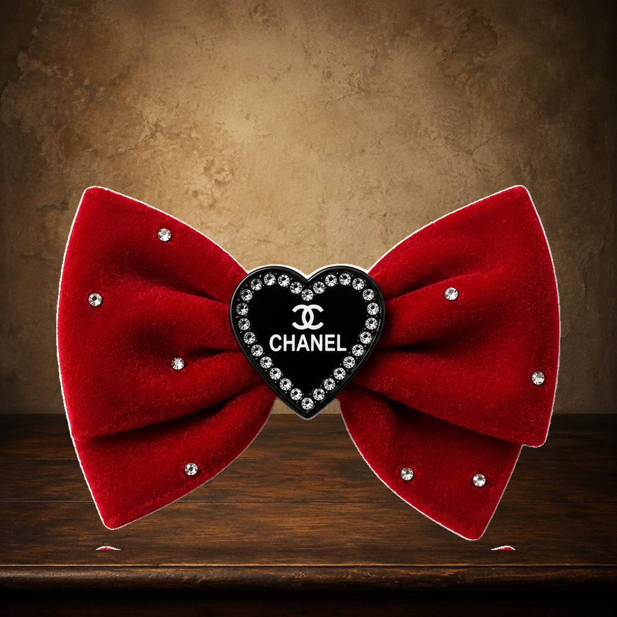 The Velvet Parlour Hair Bow displayed on the approved antique plaster and walnut table