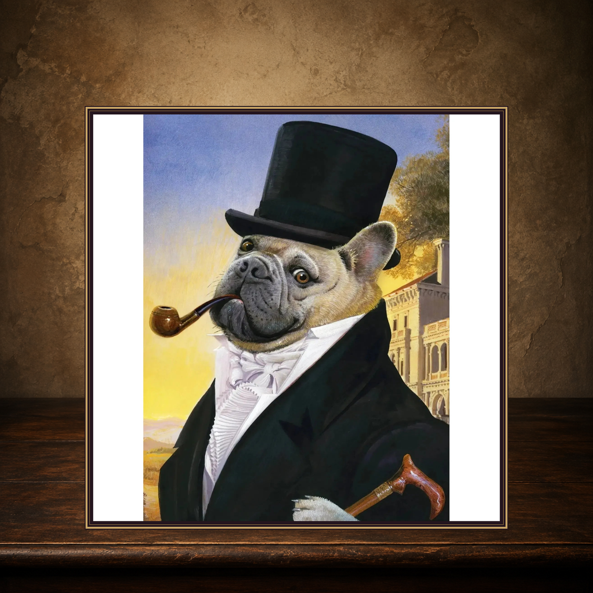 The Posh Pug at the Seaside Estate — 500-Piece Puzzle displayed on the approved antique plaster and walnut table