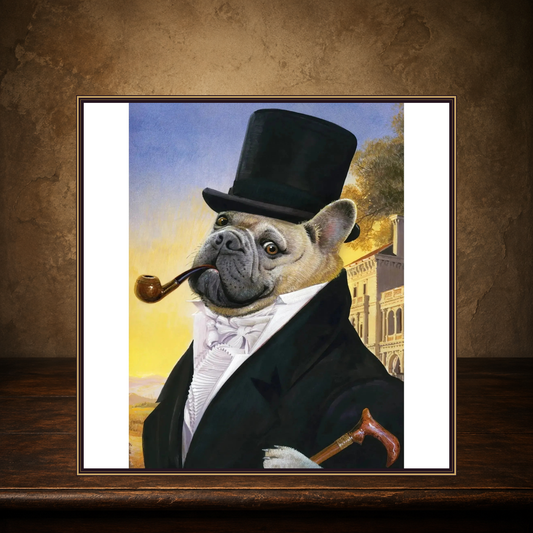 The Posh Pug at the Seaside Estate — 500-Piece Puzzle displayed on the approved antique plaster and walnut table