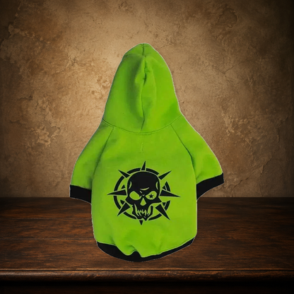 The Crypt Keeper Skull Pet Hoodie on the approved antique plaster and walnut backdrop