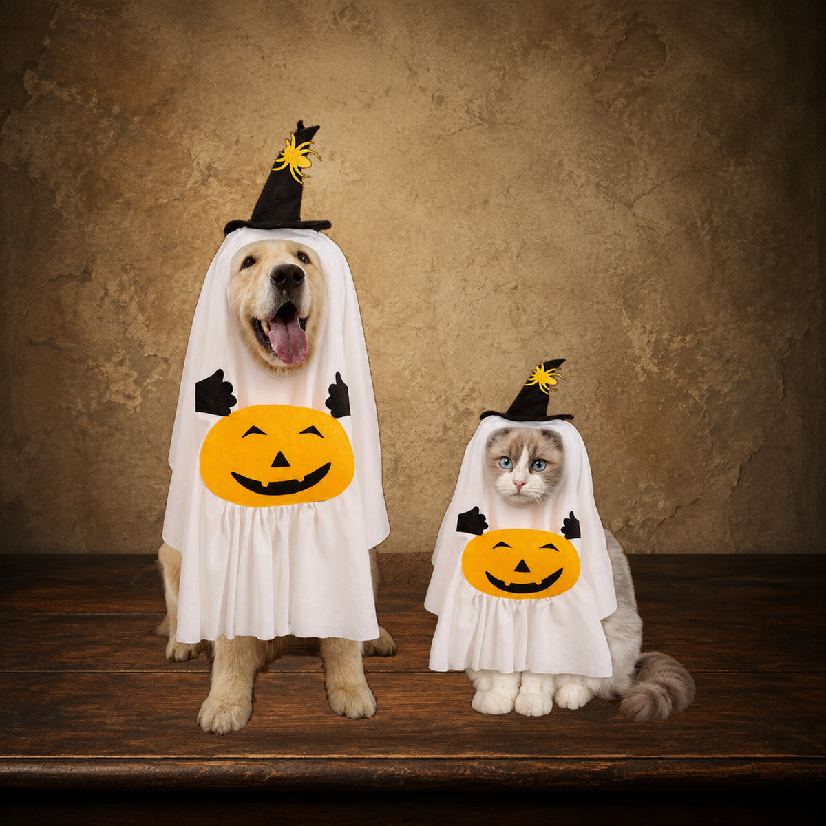 The Pumpkin Wraith Pet Costume displayed on the approved antique plaster and walnut table