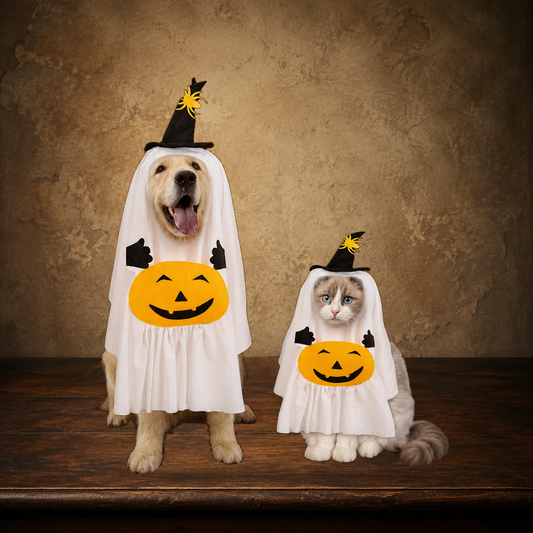 The Pumpkin Wraith Pet Costume displayed on the approved antique plaster and walnut table