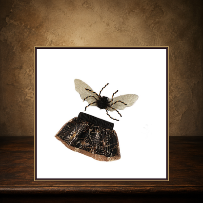 The Nocturne Formal Dog Suit displayed on the approved antique plaster and walnut table