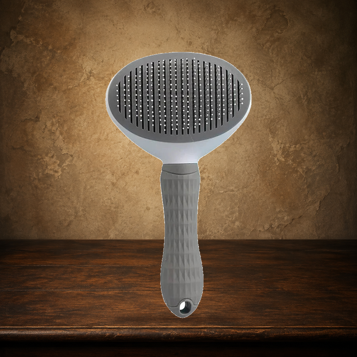 The Daily De-Furring Brush displayed on the approved antique plaster and walnut table