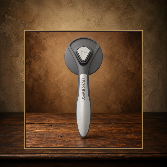 The Parlour Deshedding Comb displayed on the approved antique plaster and walnut table