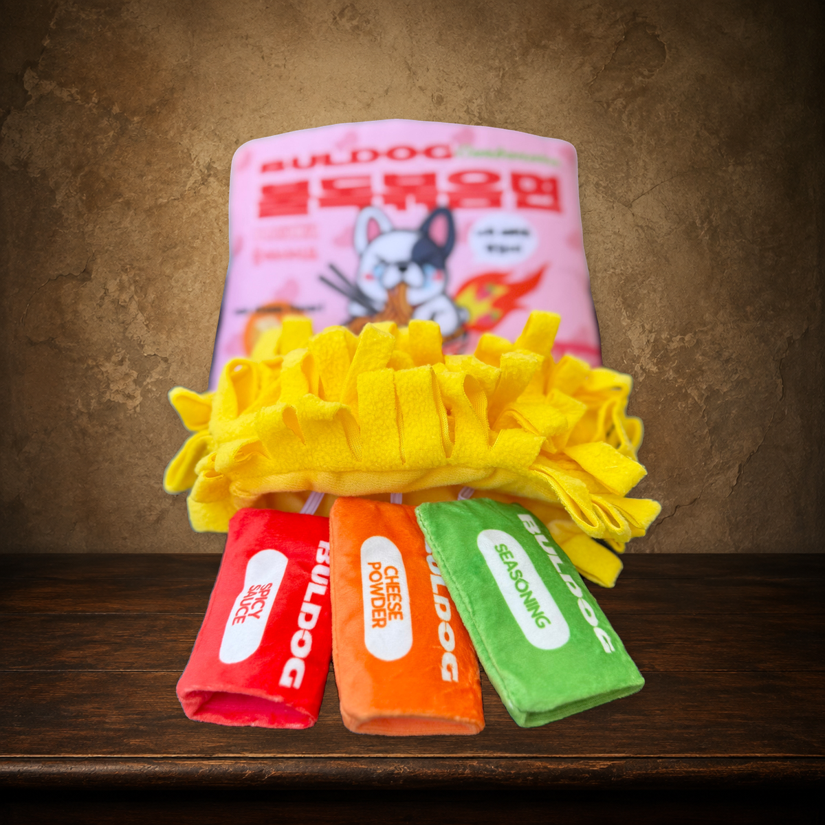 The Midnight Ramen Contraband — Snuffle Toy Set on the approved antique plaster and walnut backdrop