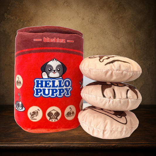 The Sweet Shop Four-Piece Dog Toy Set on the approved antique plaster and walnut backdrop