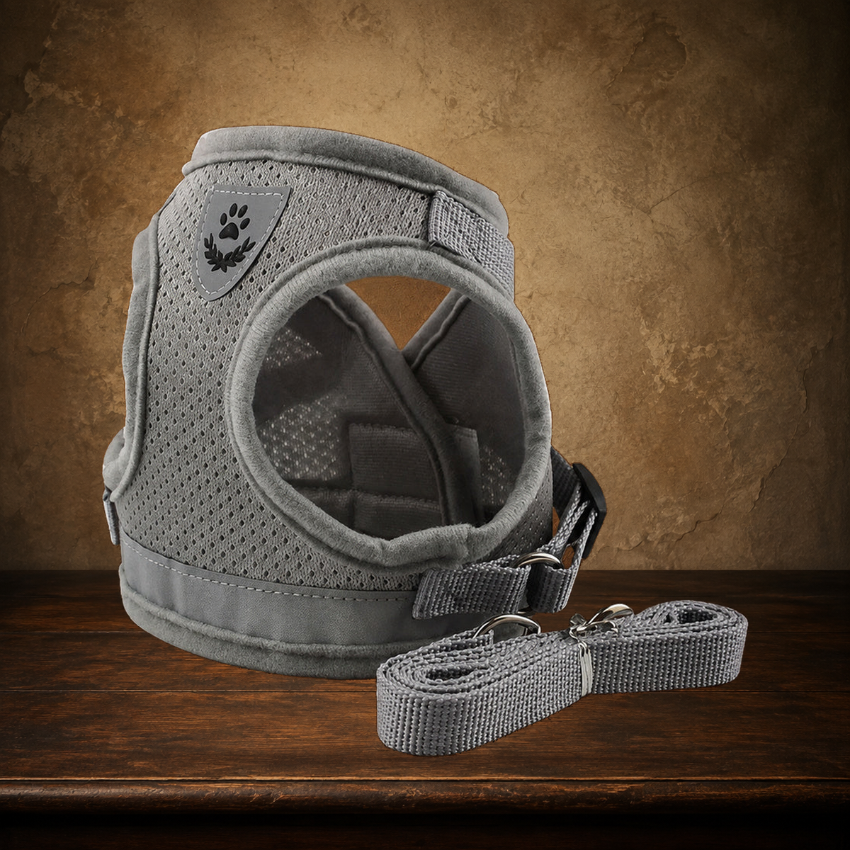 The Night Watch — Reflective Harness & Leash Set displayed on the approved antique plaster and walnut table