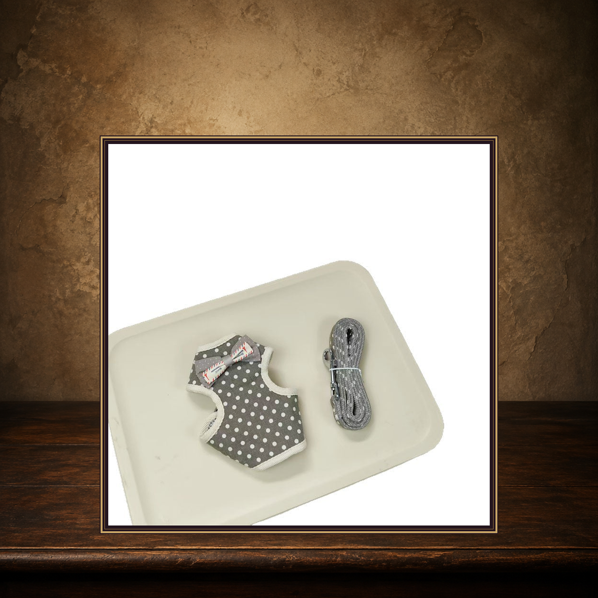 The Everyday Plaid Walking Harness displayed on the approved antique plaster and walnut table