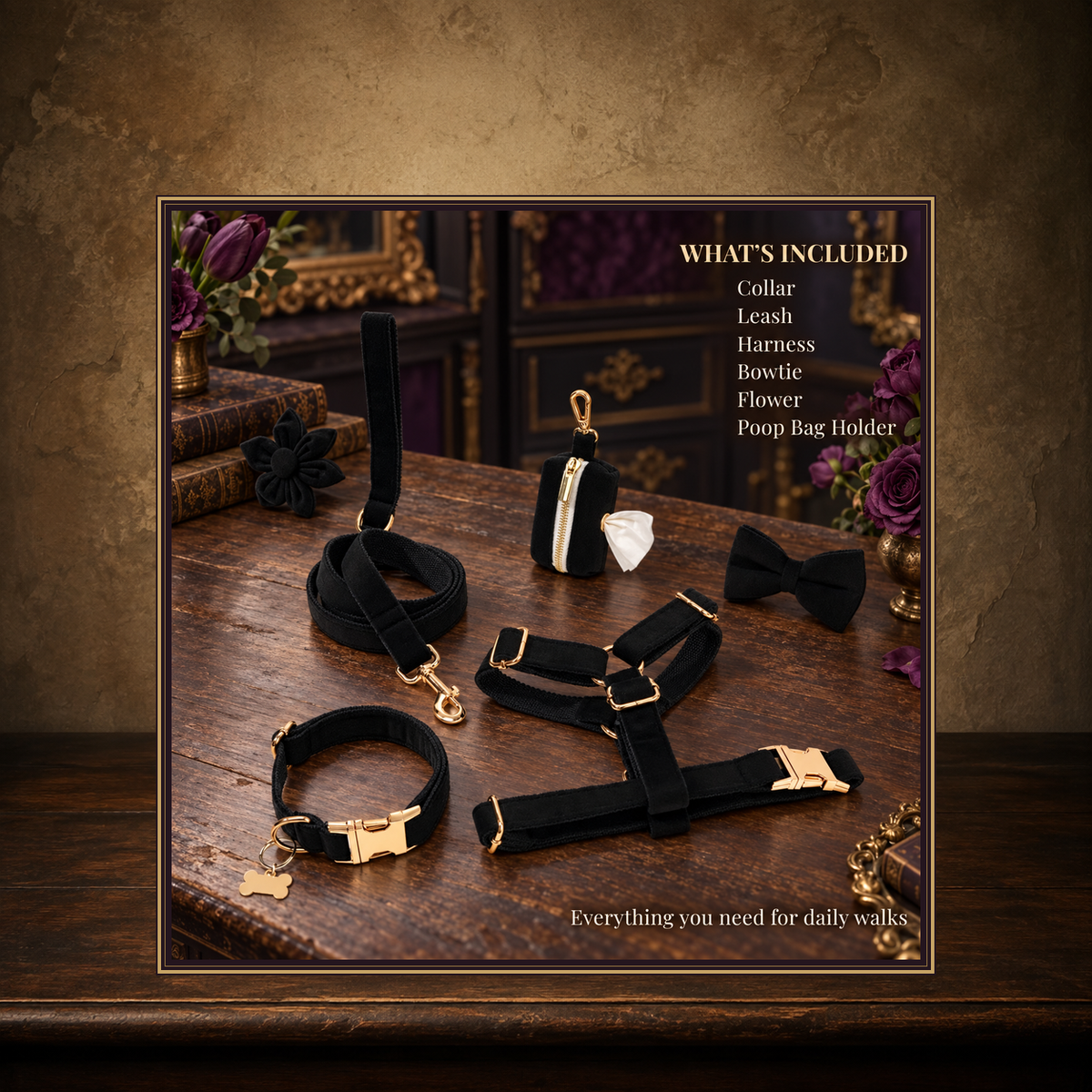 The Midnight Velvet Walking Set displayed on the approved antique plaster and walnut table