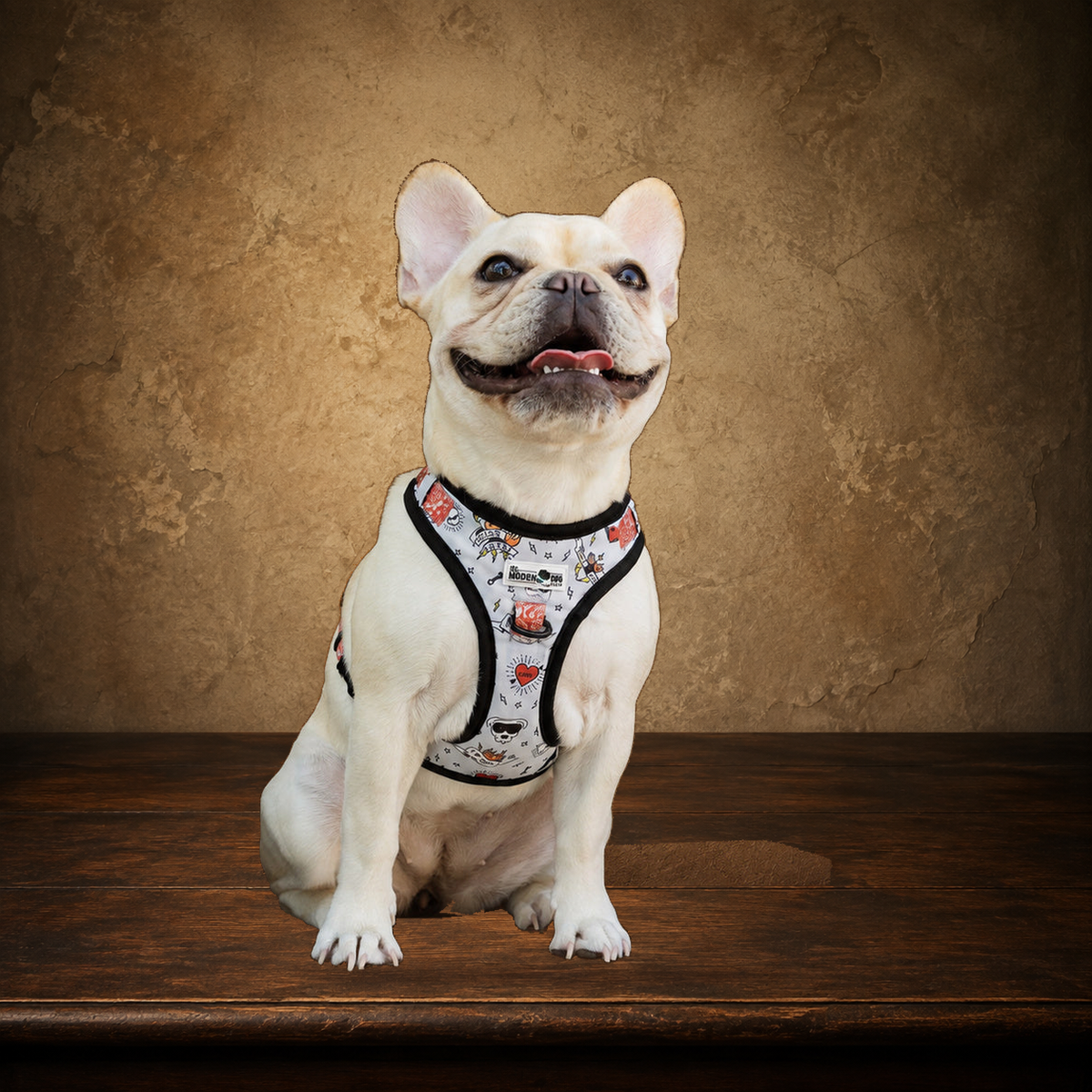 Bad to the Bone — Adjustable Dog Harness displayed on the approved antique plaster and walnut table