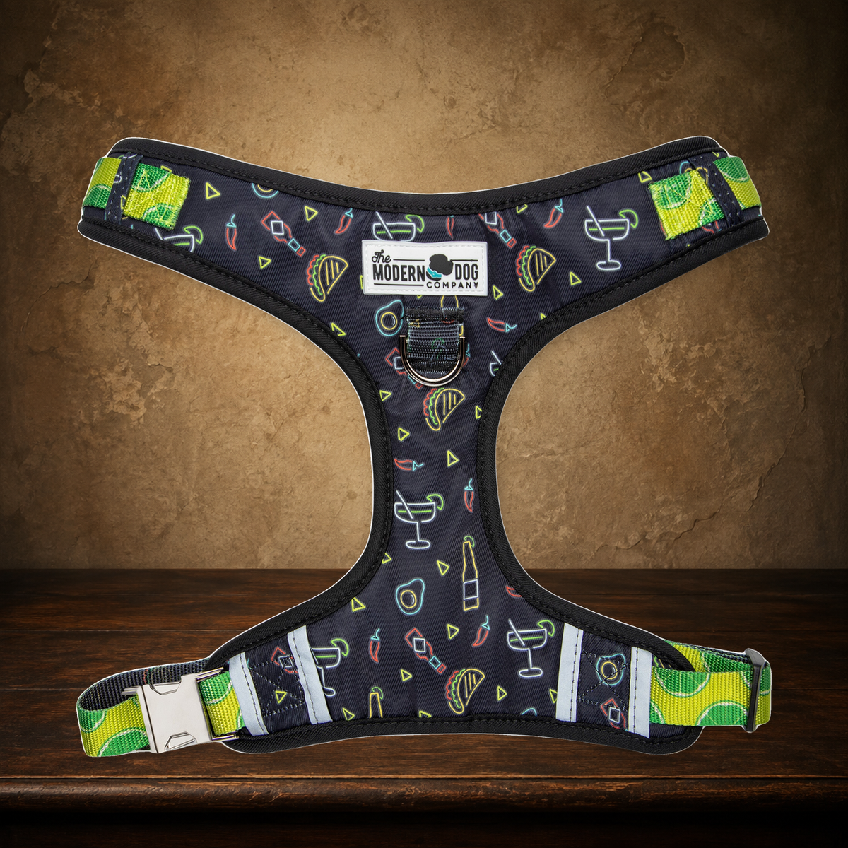 The Taco Tuesday Rambler — Retro Dog Harness on the approved antique plaster and walnut backdrop