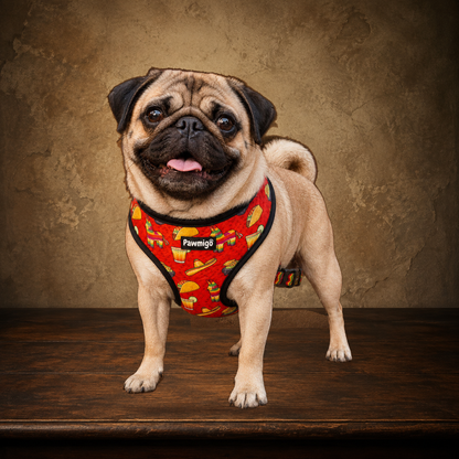 The Taco Tuesday Procession — Reversible Dog Harness displayed on the approved antique plaster and walnut table