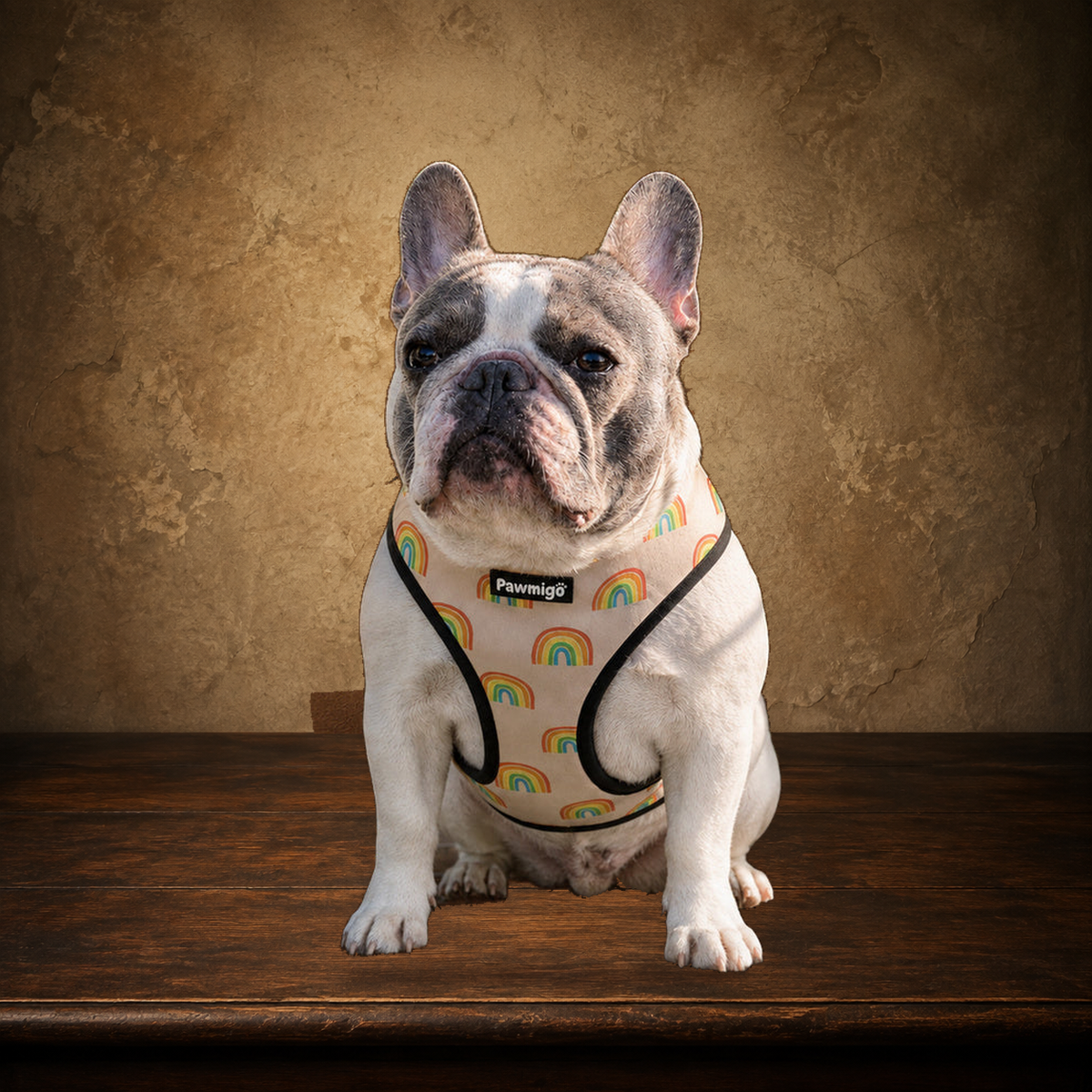 The Rainbow Procession — Reversible Dog Harness displayed on the approved antique plaster and walnut table
