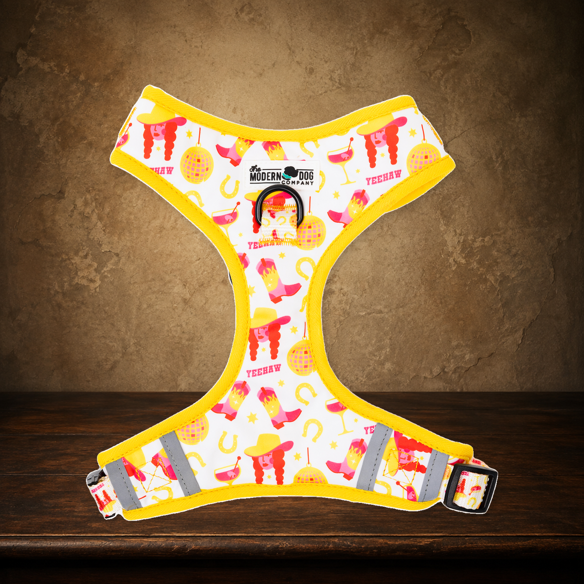 The Disco Cowgirl — Yeehaw Dog Harness on the approved antique plaster and walnut backdrop