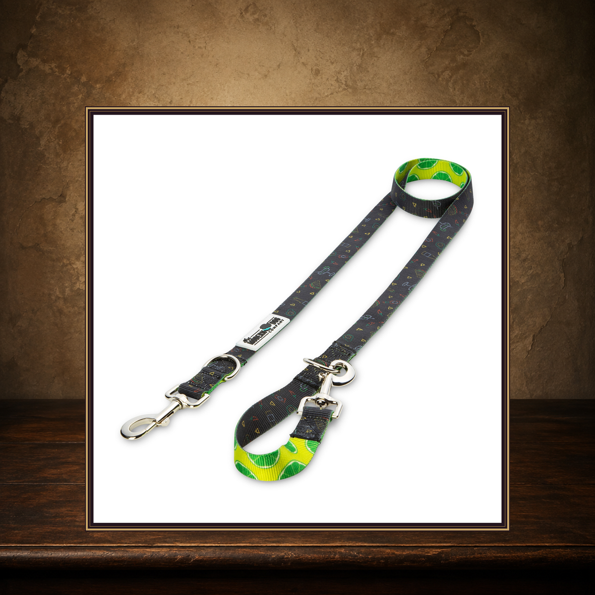 The Taco Tuesday Rambler — Retro Dog Leash displayed on the approved antique plaster and walnut table