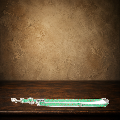 The Midnight Slice — Pizza Party Dog Leash displayed on the approved antique plaster and walnut table