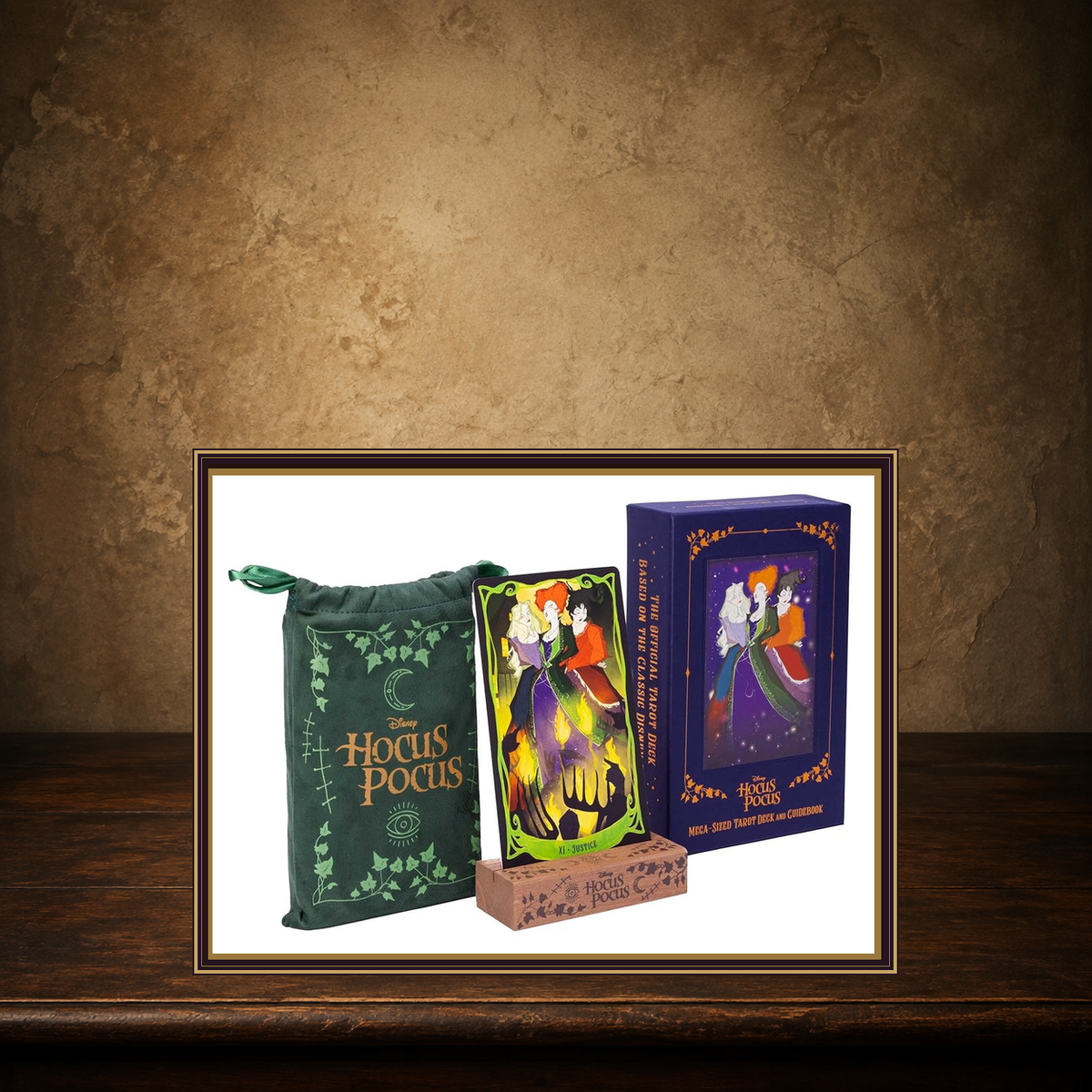 Hocus Pocus — Mega Tarot & Guidebook displayed on the approved antique plaster and walnut table