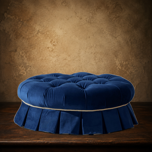 The Roquefort Dressing-Room Tuffet — Velvet Dog Sofa on the approved antique plaster and walnut backdrop
