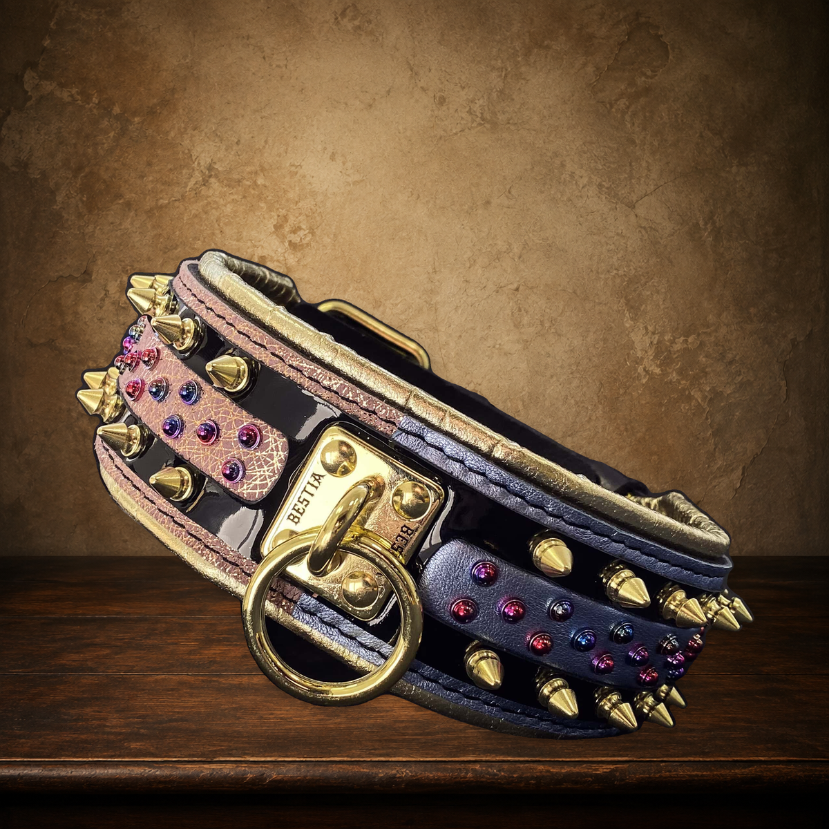 The Candy — Black Leather Collar on the approved antique plaster and walnut backdrop