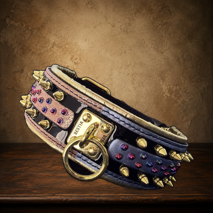 The Candy — Black Leather Collar on the approved antique plaster and walnut backdrop