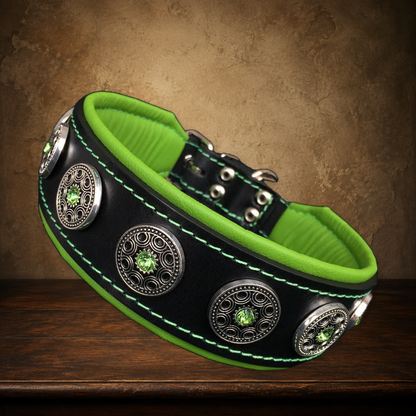 The Bijou — Black & Green Leather Collar on the approved antique plaster and walnut backdrop