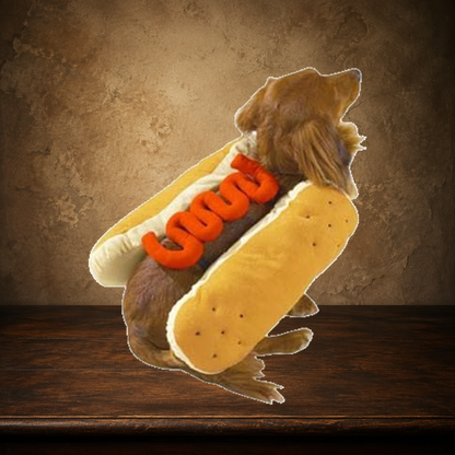 The Ketchup Club — Hot Dog Costume displayed on the approved antique plaster and walnut table