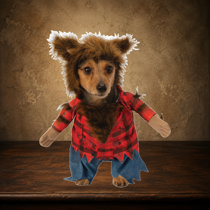 The Were-Woof — Walking Werewolf Costume displayed on the approved antique plaster and walnut table