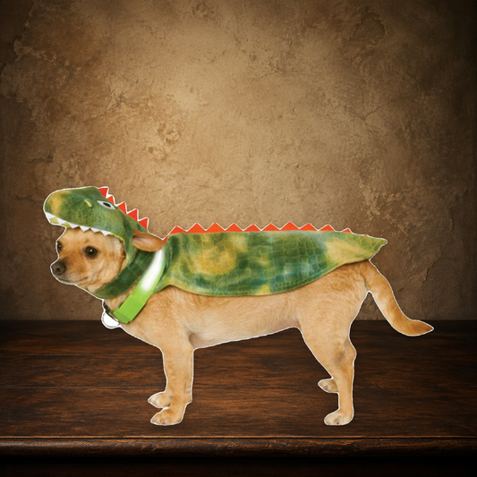 The Jurassic Houseguest — Dinosaur Costume on the approved antique plaster and walnut backdrop