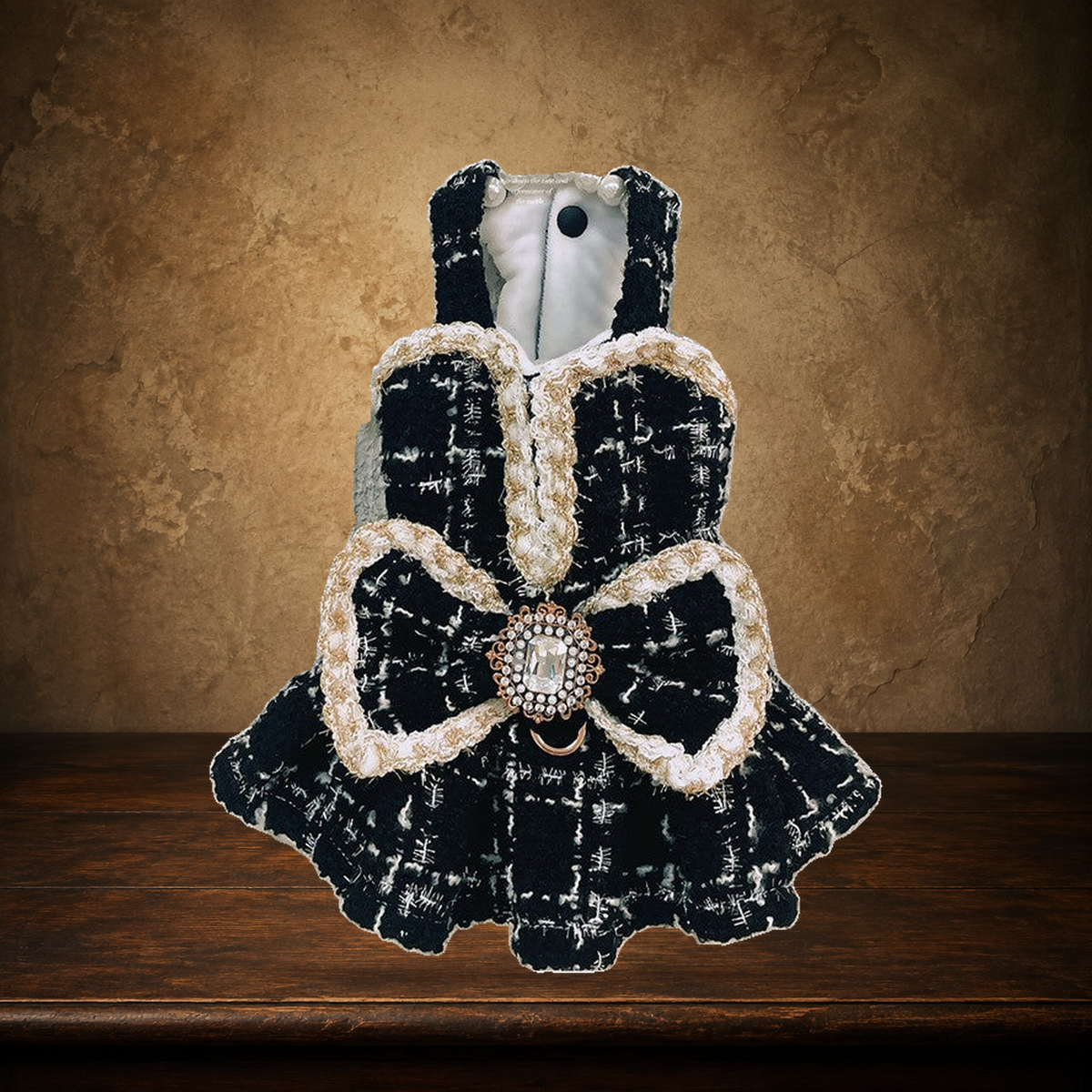 The Midnight Socialite — Tweed Dress & Hat displayed on the approved antique plaster and walnut table