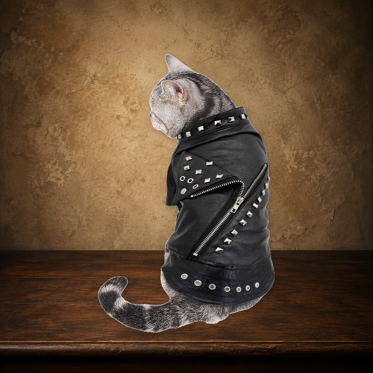 The Midnight Rebel — Studded Dog Jacket on the approved antique plaster and walnut backdrop
