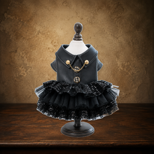 The Rebel Heiress — Sequin Tutu Dog Dress on the approved antique plaster and walnut backdrop