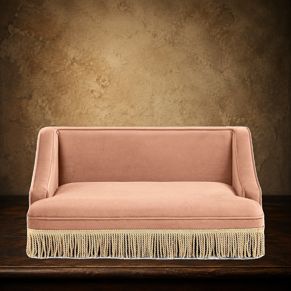 The Duchess — Fringed Pet Sofa on the approved antique plaster and walnut backdrop