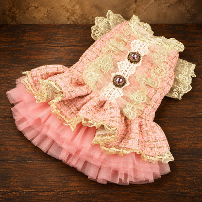 Complete Rose Parlour pink tweed gown with both sides and full tulle skirt on the antique walnut table