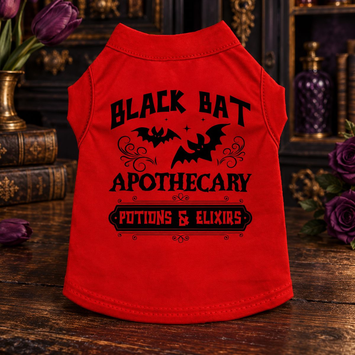 The Traveling Apothecary potion pet shirt on a vintage Pugorium background