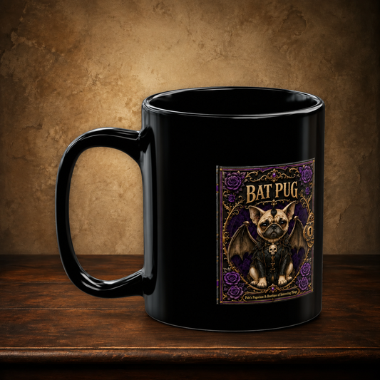 Bat Pug 15 oz black mug resting on a walnut tabletop against an antique plaster wall