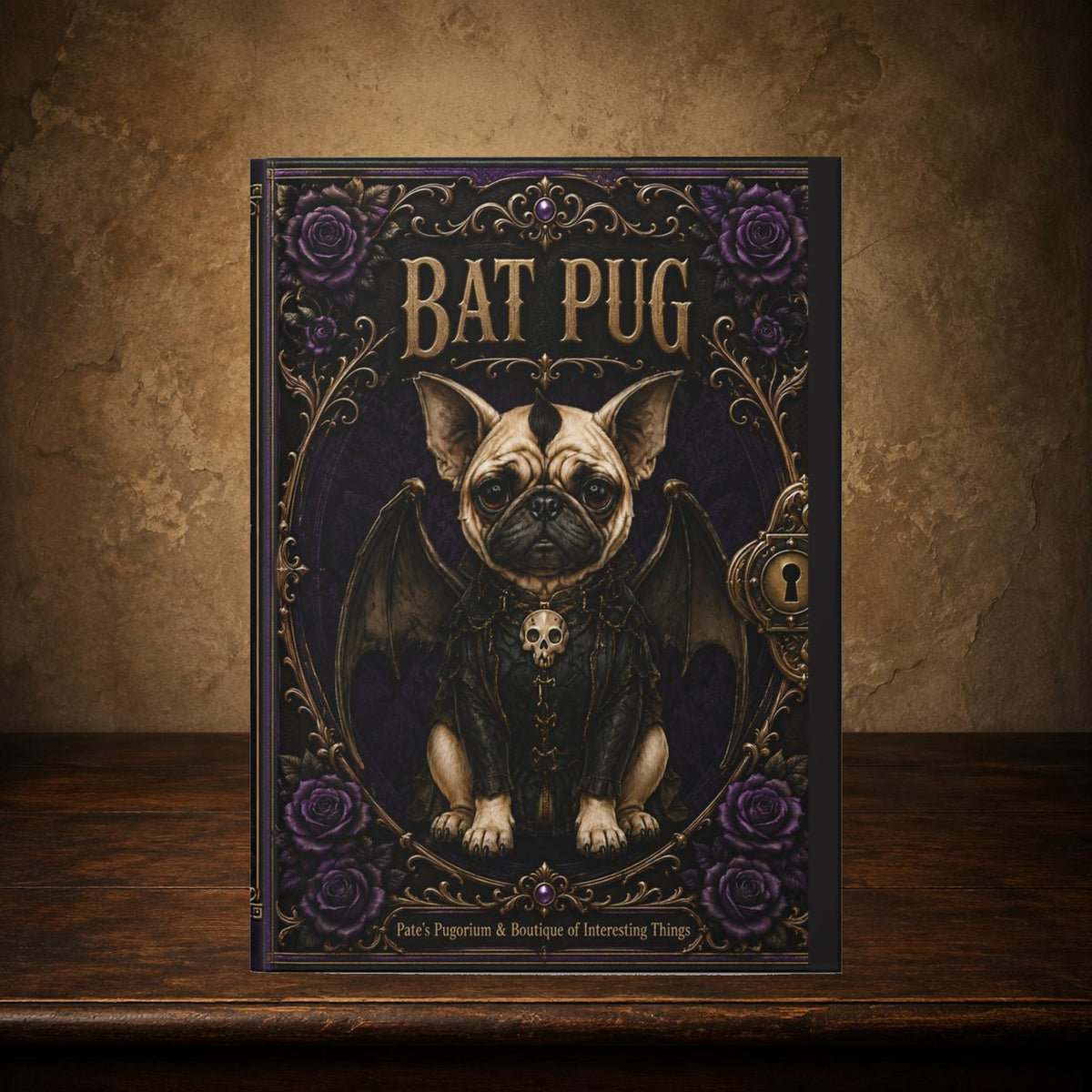 Bat Pug journal on the antique table; approved cover preserved, placement matches The Grim