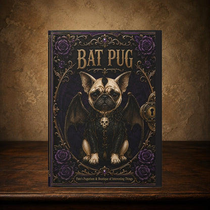 Bat Pug journal on the antique table; approved cover preserved, placement matches The Grim