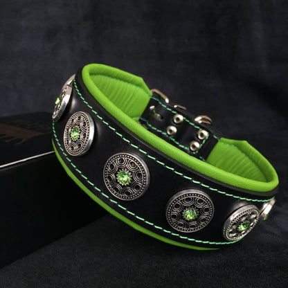 The Bijou — Black & Green Leather Collar