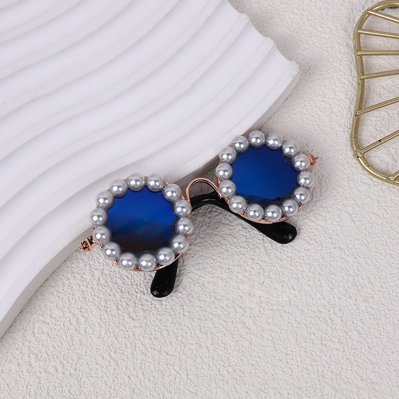 Blue pearl-trimmed round pet sunglasses